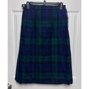 James Pringle Weavers Green Blue Tartan Pleated Kilt Buckles Wool UK Size 12